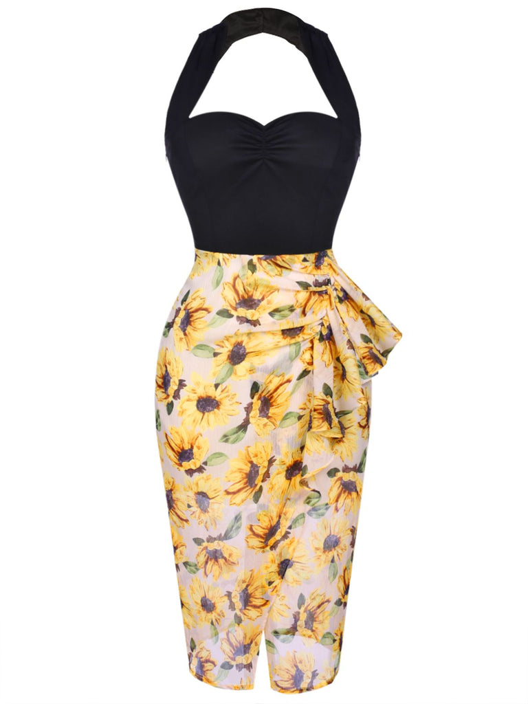 Retro Stage Halter Sunflower Patchwork Pencil Dress Black & Yellow