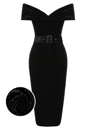 Black 1960s Off-Shoulder Rhinestones Velvet Dress, vintage dress, retro fashion - perfect for women who love vintage and retro fashion