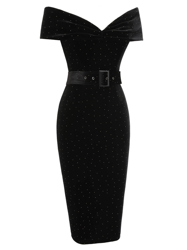 Vintage Velvet Off-Shoulder Rhinestones Wiggle Dress In Black Vintage Velvet Off-Shoulder Rhinestones Wiggle Dress In Black