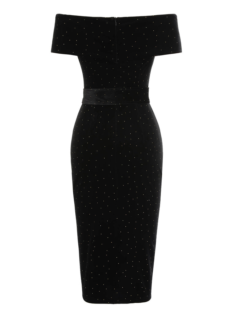Vintage Velvet Off-Shoulder Rhinestones Wiggle Dress In Black