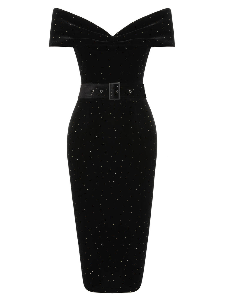 Black 1960s Off-Shoulder Rhinestones Velvet Dress