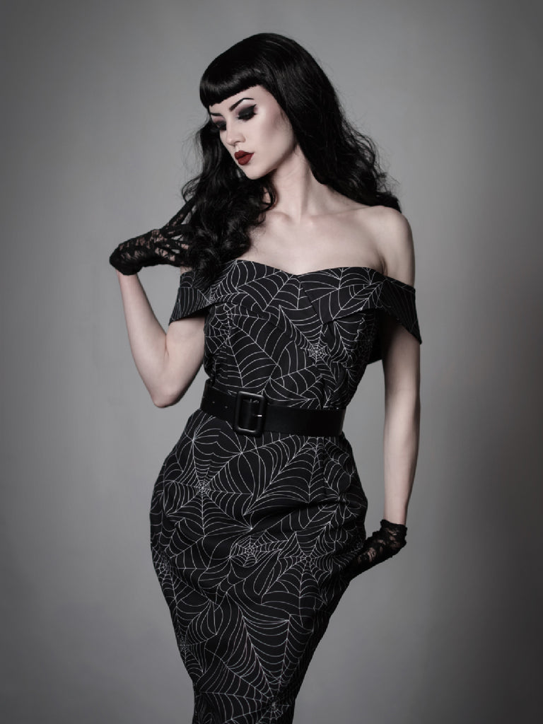 Black 1960s Off-shoulder Spider Web Dress: timeless style reimagined