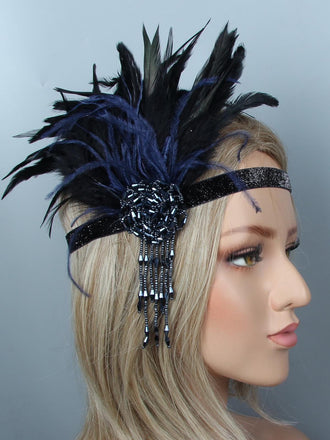 Black Blue 1920s Feather Headband: timeless style reimagined