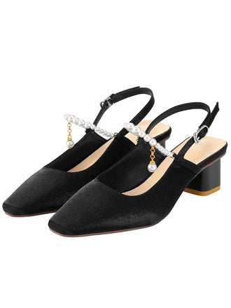 Black Velvet Satin Pearl Chunky Heel Shoes, vintage shoes, retro heels - perfect for women who love vintage and retro fashion