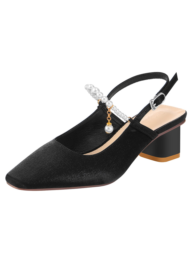 Black Velvet Satin Pearl Chunky Heel Shoes, vintage shoes, retro heels - perfect for women who love vintage and retro fashion