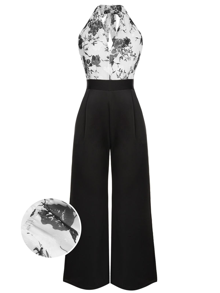 Black White 1930s Floral Halter Strap Jumpsuit: timeless style reimagined