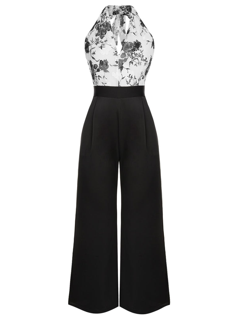 Black White 1930s Floral Halter Strap Jumpsuit, vintage romper, retro jumpsuit - perfect for women who love vintage and retro fashion