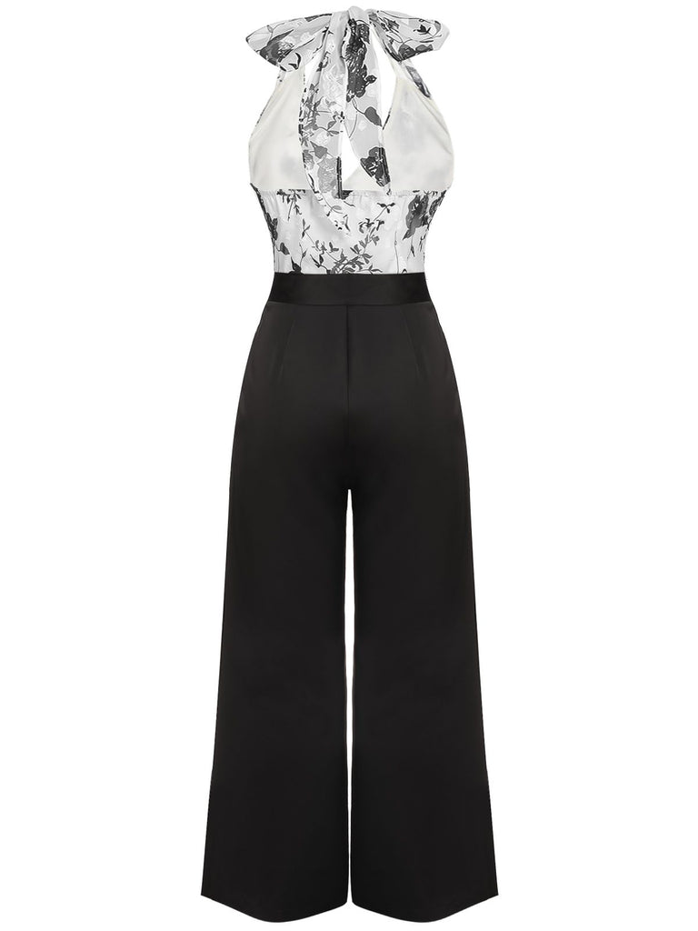 Black White 1930s Floral Halter Strap Jumpsuit, vintage romper, retro jumpsuit - perfect for women who love vintage and retro fashion