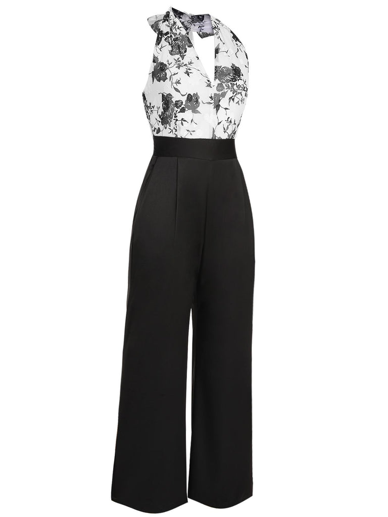 Black White 1930s Floral Halter Strap Jumpsuit, vintage romper, retro jumpsuit - perfect for women who love vintage and retro fashion