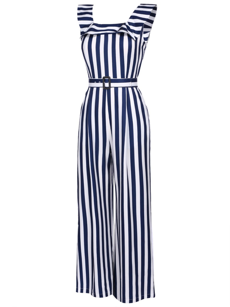 Blue 1930s Striped Ruffle Jumpsuit: timeless style reimagined