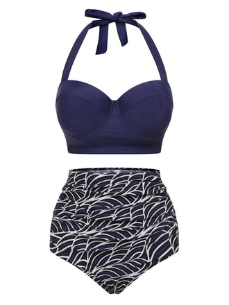 Blue 1940s Geometry Pleated Halter Swimsuit: timeless style reimagined