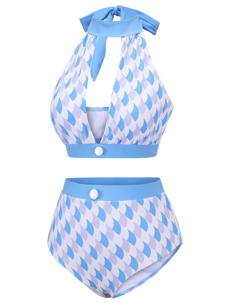 Blue 1940s Hole Collar Halter Swimsuit, vintage swimsuit, pin-up swimwear - perfect for women who love vintage and retro fashion