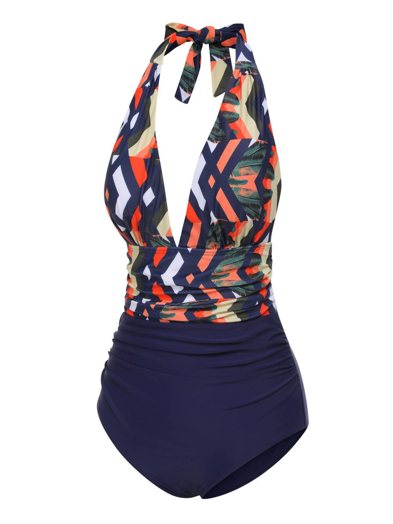 Blue 1940s Tropical Deep-V Halter Swimsuit, vintage swimsuit, pin-up swimwear - perfect for women who love vintage and retro fashion