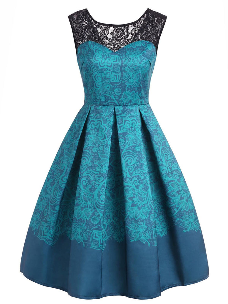 She wears Blue 1950s Floral Sweetheart Swing Dress with 1950s grace