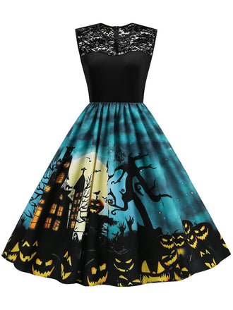Blue 1950s Halloween Lace Patchwork Dress: timeless style reimagined
