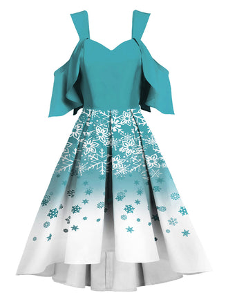 Blue 1950s Off Shoulder Snowflake Dress: timeless style reimagined