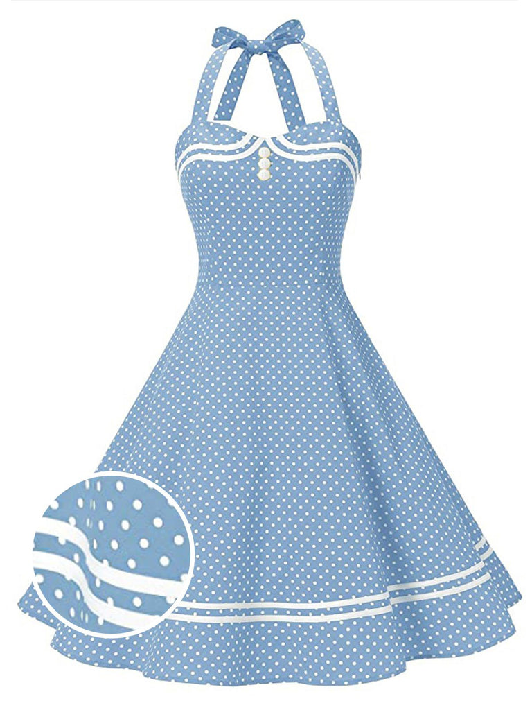 Blue 1950s Polka Dot Halter Swing Dress Blue 1950s Polka Dot Halter Swing Dress