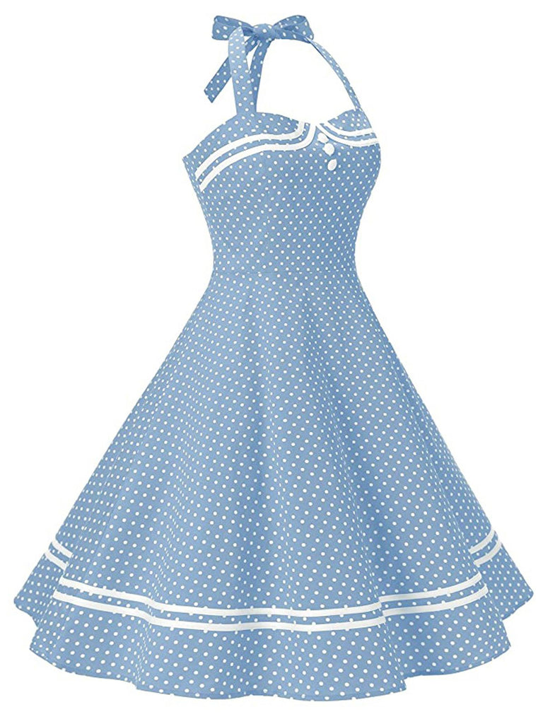 Blue 1950s Polka Dot Halter Swing Dress Blue 1950s Polka Dot Halter Swing Dress