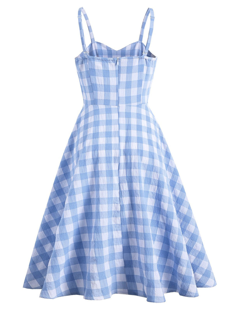 blue plaid spaghetti strap dress Blue Checkered Dress With Lace Spaghetti Straps
