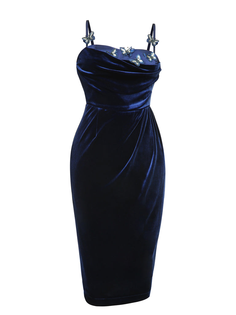 Blue 1960s 3D Butterfly Velvet Pencil Dress, vintage dress, retro fashion - perfect for women who love vintage and retro fashion