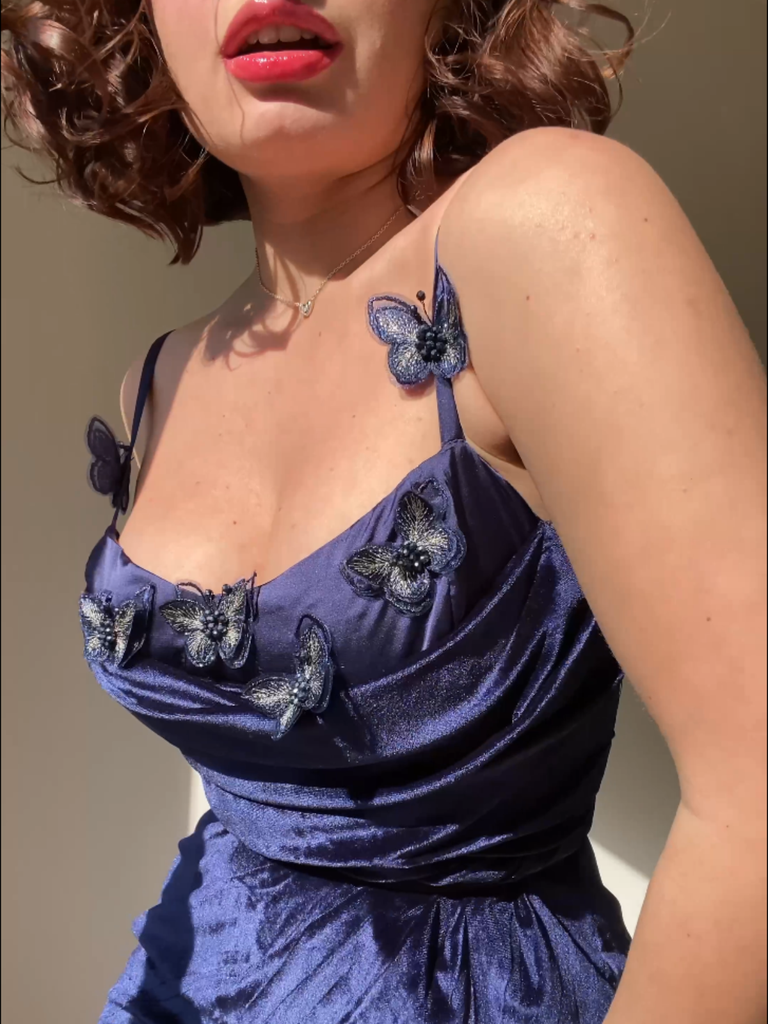 Blue 1960s 3D Butterfly Velvet Pencil Dress — vintage elegance for the modern woman