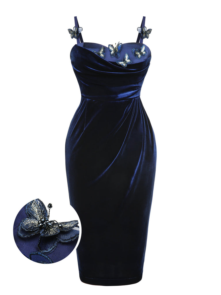 Blue 1960s 3D Butterfly Velvet Pencil Dress — vintage elegance for the modern woman