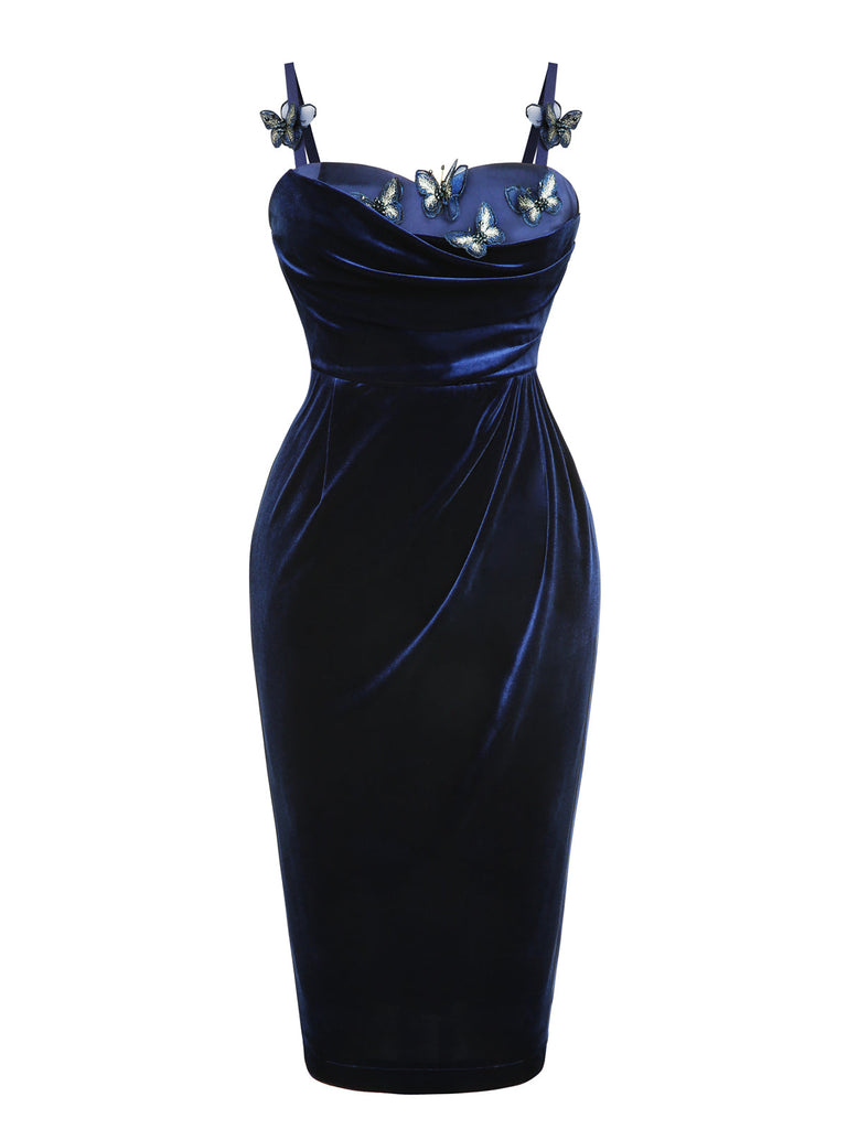 Blue 1960s 3D Butterfly Velvet Pencil Dress: timeless style reimagined