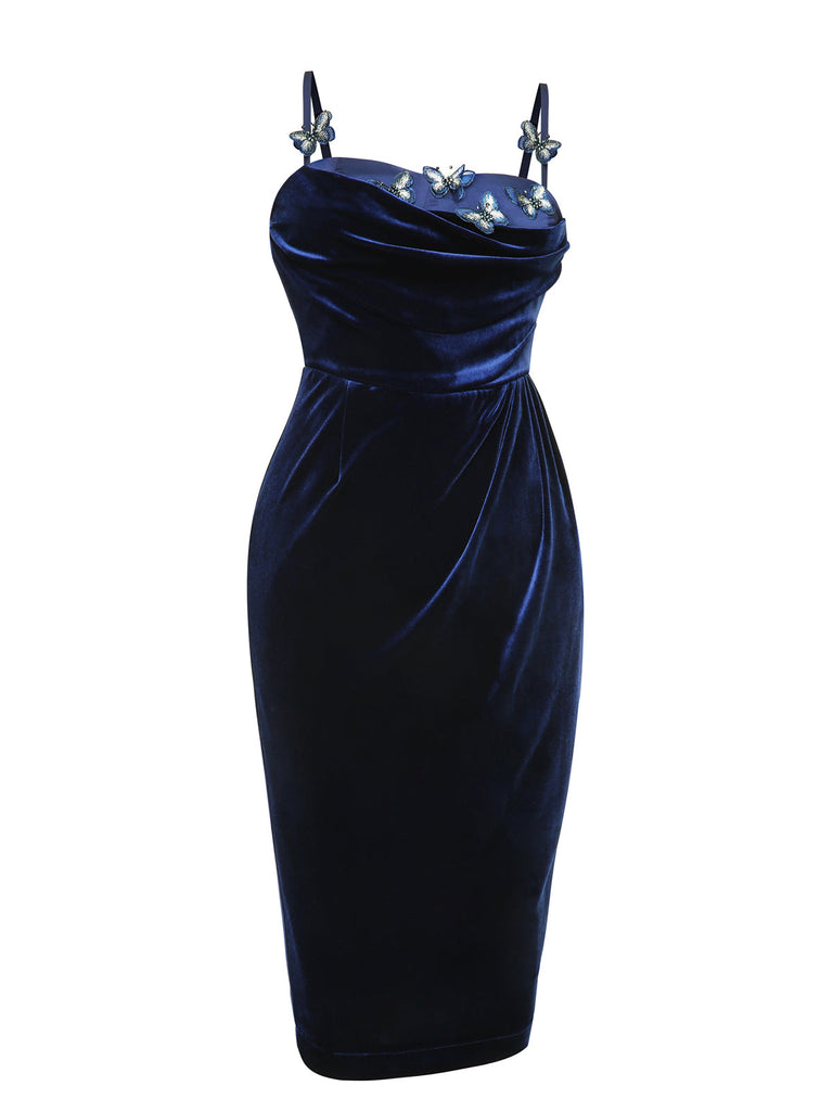 Blue 1960s 3D Butterfly Velvet Pencil Dress: timeless style reimagined