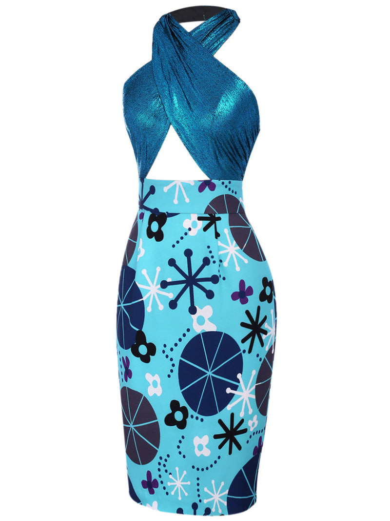 Blue 1960s Halter Abstract Floral Bodycon Dress