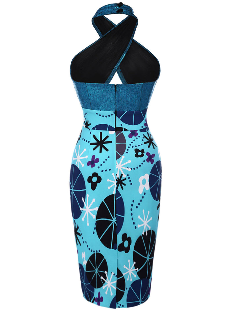 Blue 1960s Halter Abstract Floral Bodycon Dress | Retro Stage