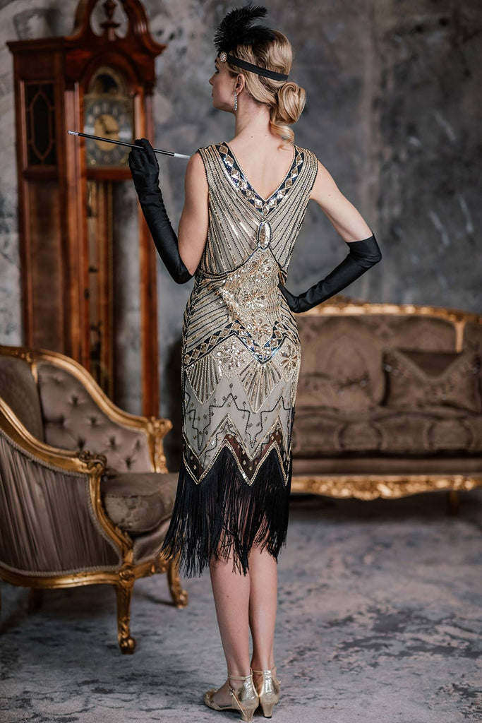 2PCS Top Seller Champagne 1920s Dress & Accessories Set | Retro Stage