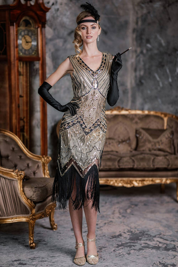 [US Warehouse] Champagne 1920s Sequined Flapper Dress | Retro Stage