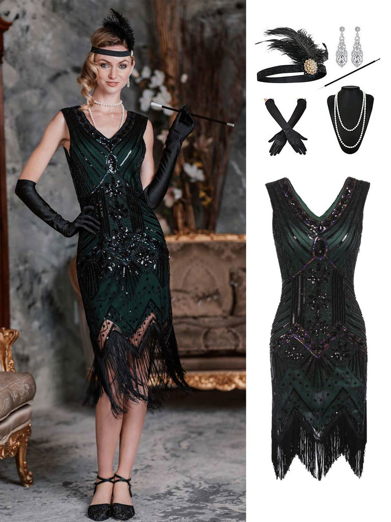 2PCS Top Seller Dark Green 1920s Dress & Accessories Set