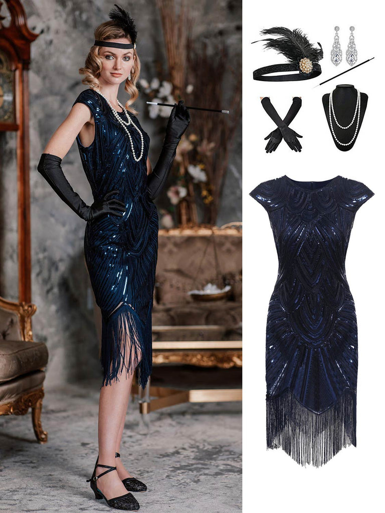 2PCS Top Seller Blue 1920s Dress & Accessories Set