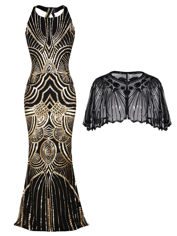 2PCS Backless 1920s Dress & Black Cape