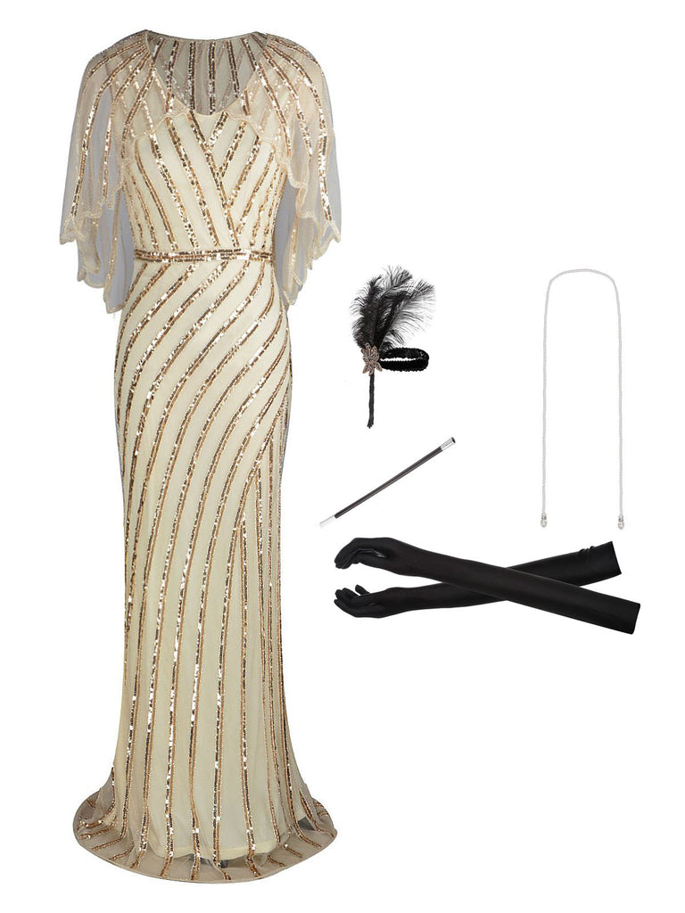 1920s Sequin Gatsby Maxi Long Evening Prom Mermaid Hem Dress w/Accessories  Set (S, Style E Black Gold) at Amazon Women's Clothing store