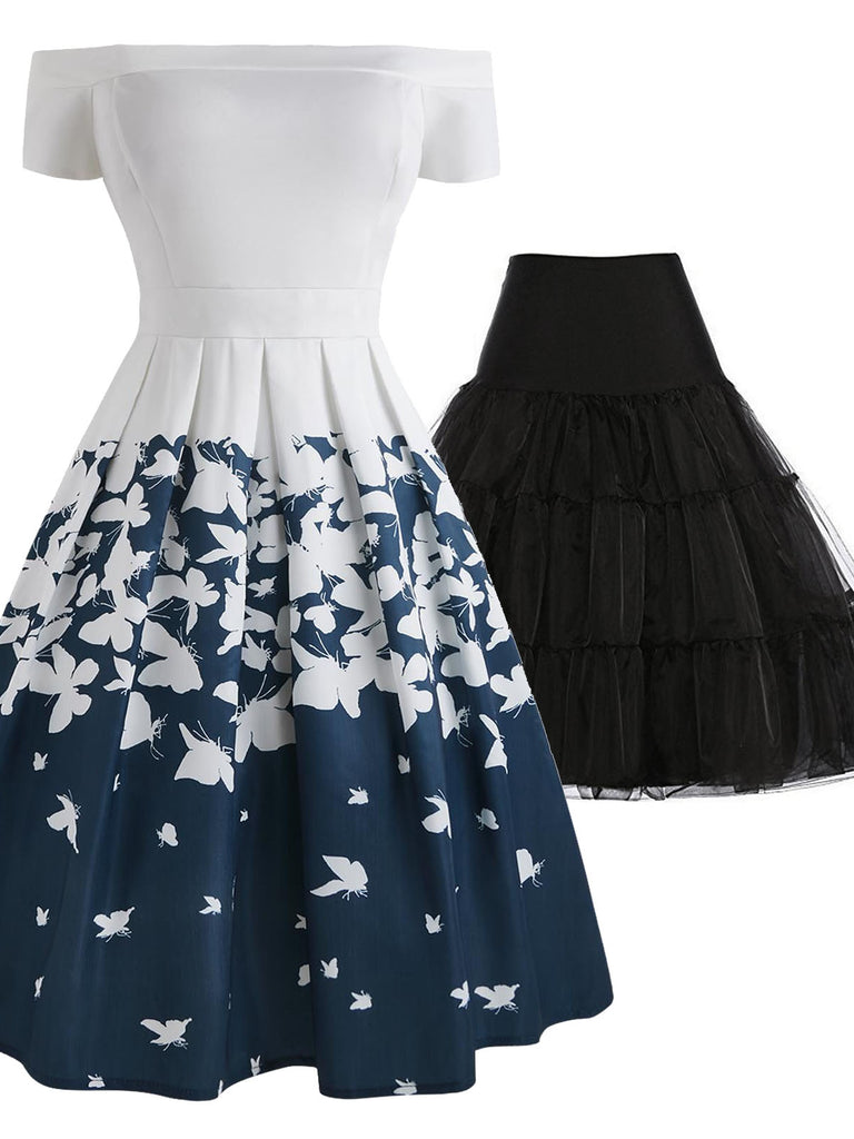 2PCS 1950s Butterfly Off Shoulder Dress & Black Petticoat
