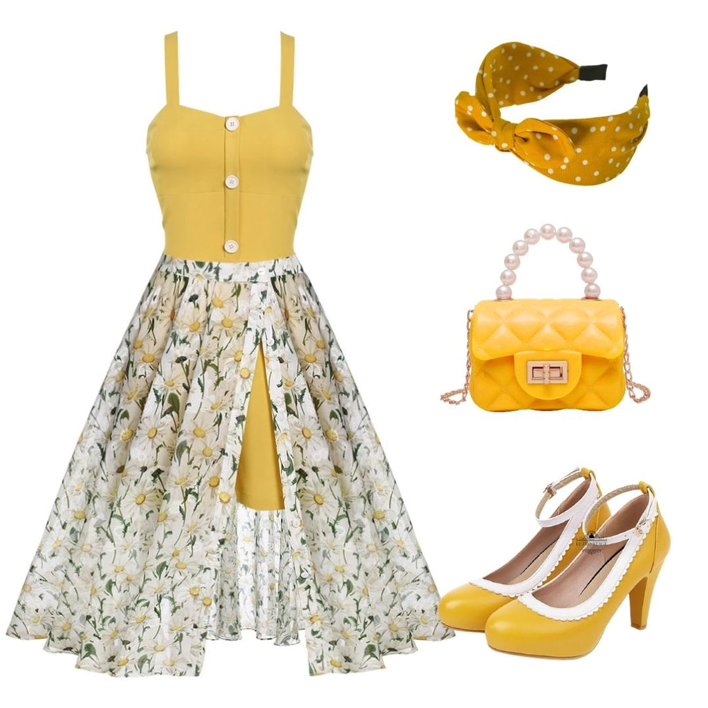 2PCS 1950s Yellow Romper & White Floral Skirt