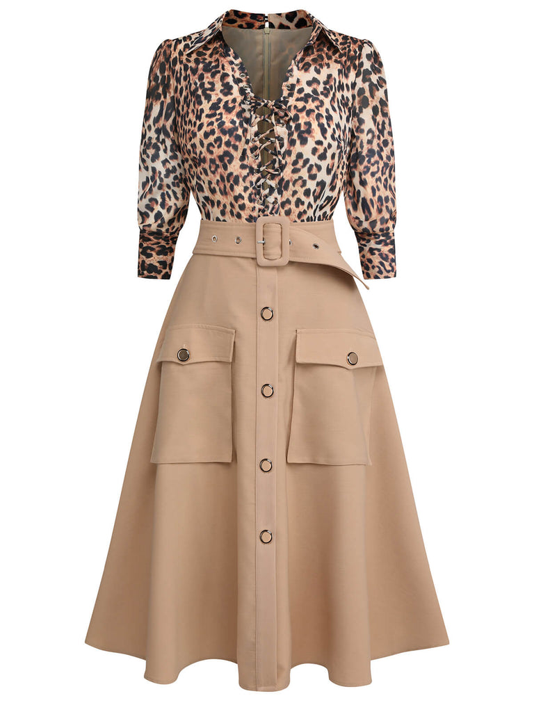 2PCS 1950s Leopard Lapel Romper & Khaki Skirt