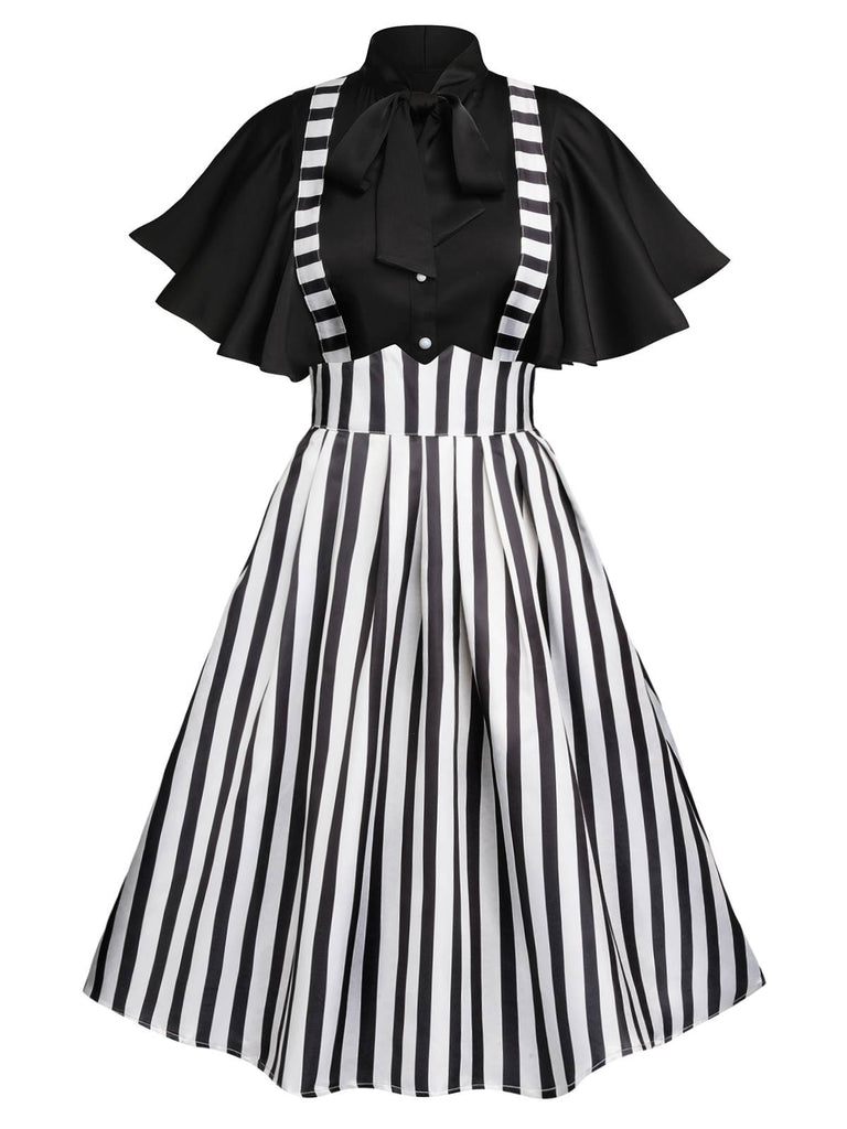 2PCS 1950s Black Solid Blouse & Suspender Skirt
