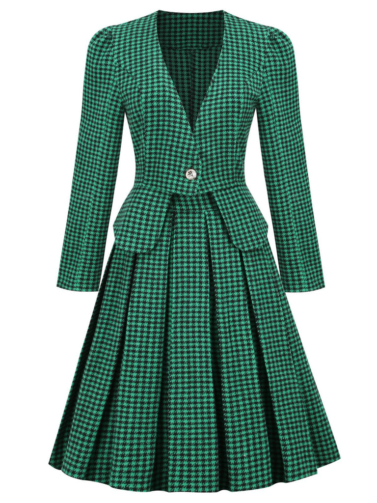 2PCS Green Retro Plaid Blazer & Panel Skirt