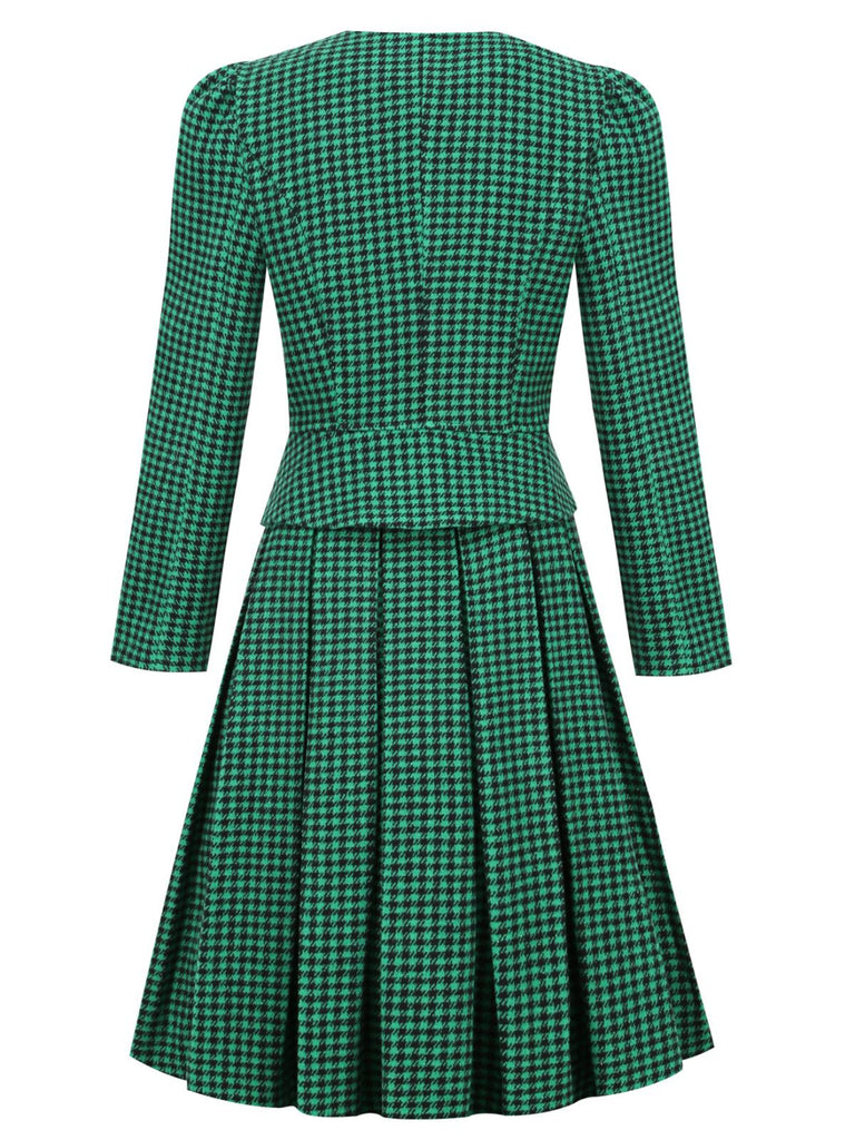 2PCS Green Retro Plaid Blazer & Panel Skirt