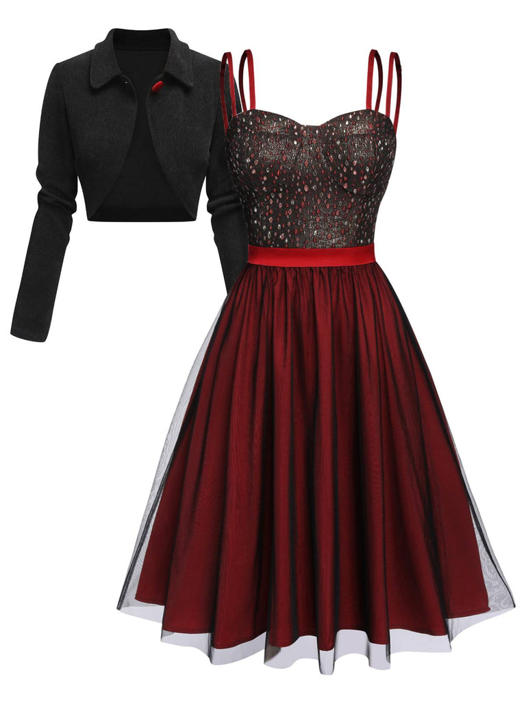 2PCS Red 1950s Strap Dress & Black Crop Jacket