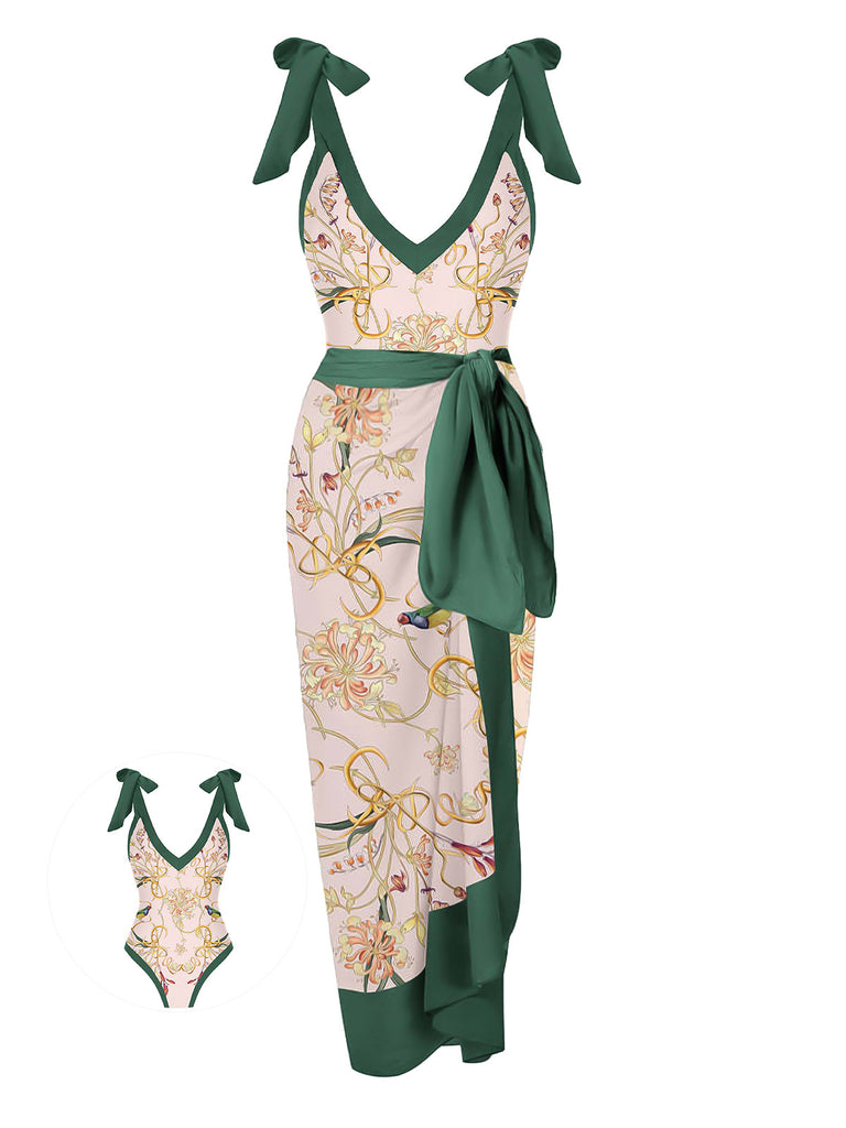 1950s V-Neck Flowers Lacing Swimsuit & Cover Up