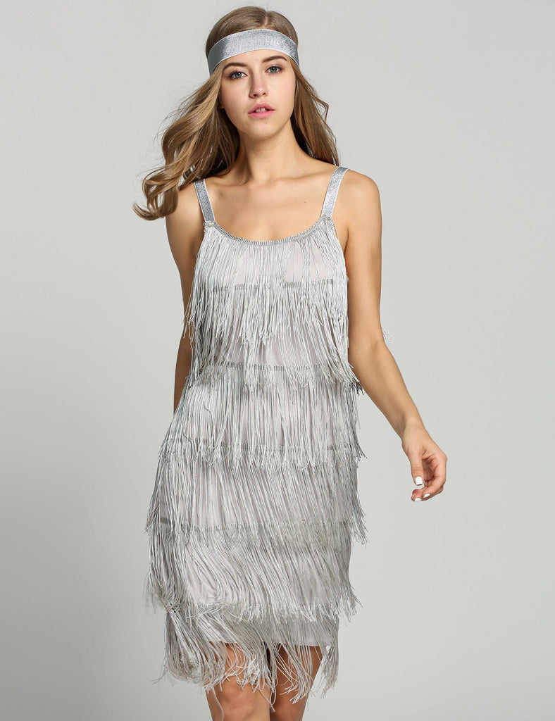She slips into this [Clearance] Belted Gray 1920s Fringe Gatsby Dress and suddenly it's a 1920s daydream