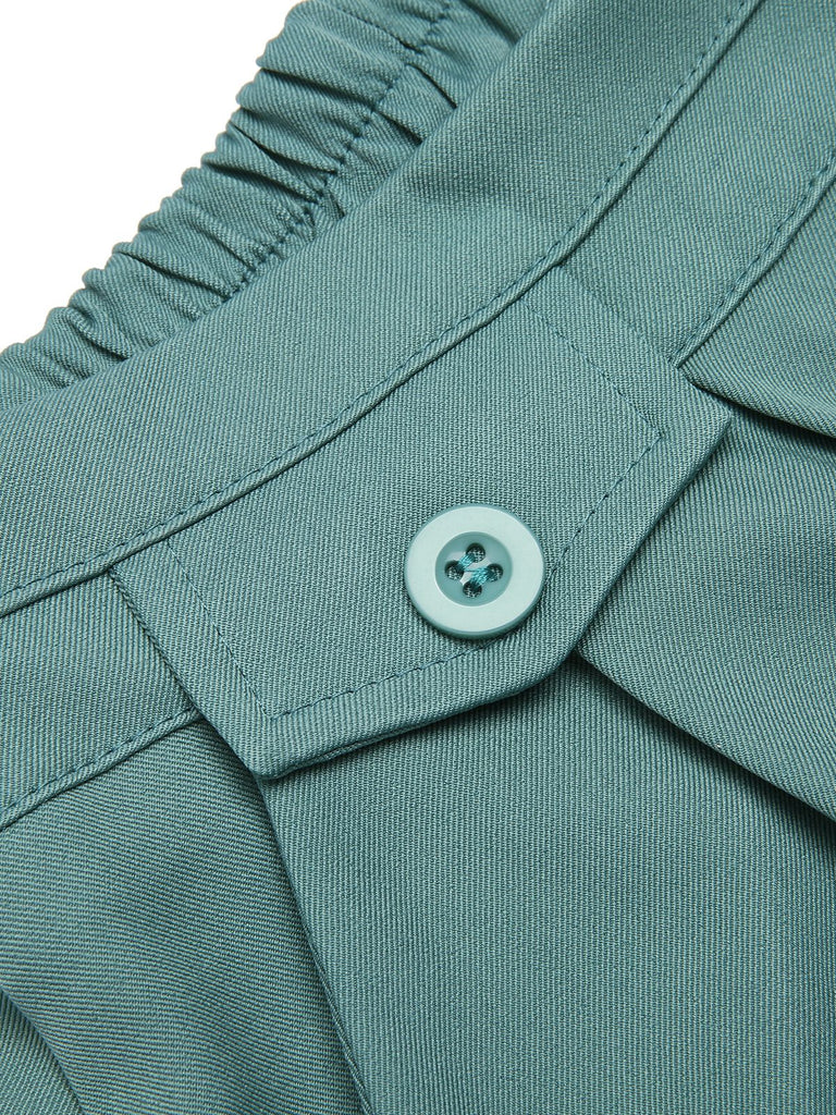 Mint Green 1950s Solid Pleating Decorative Pocket Shorts