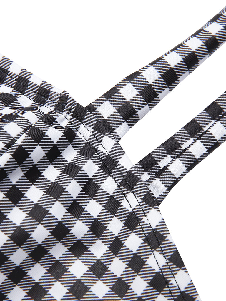 White&Black 1940s Plaid Suspenders Swimsuit