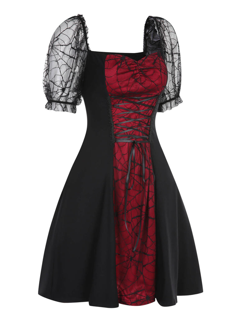 Wine Red 1950s Halloween Mesh Lace-Up Dress