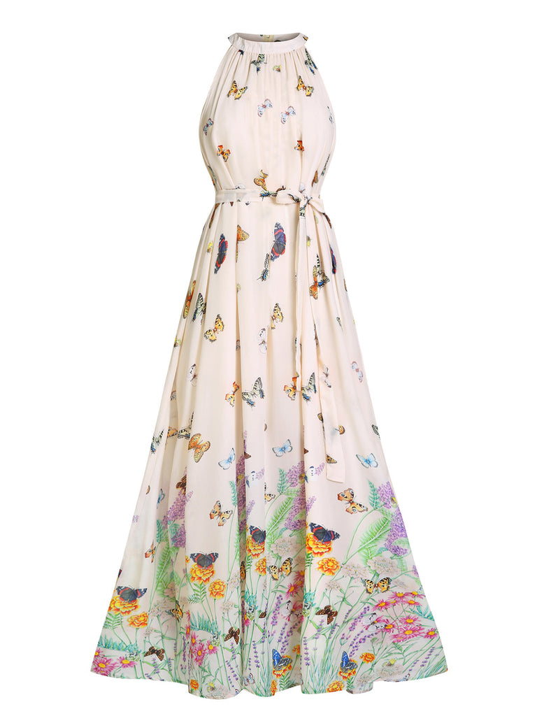 1950s Floral Butterfly Vintage Maxi Dress