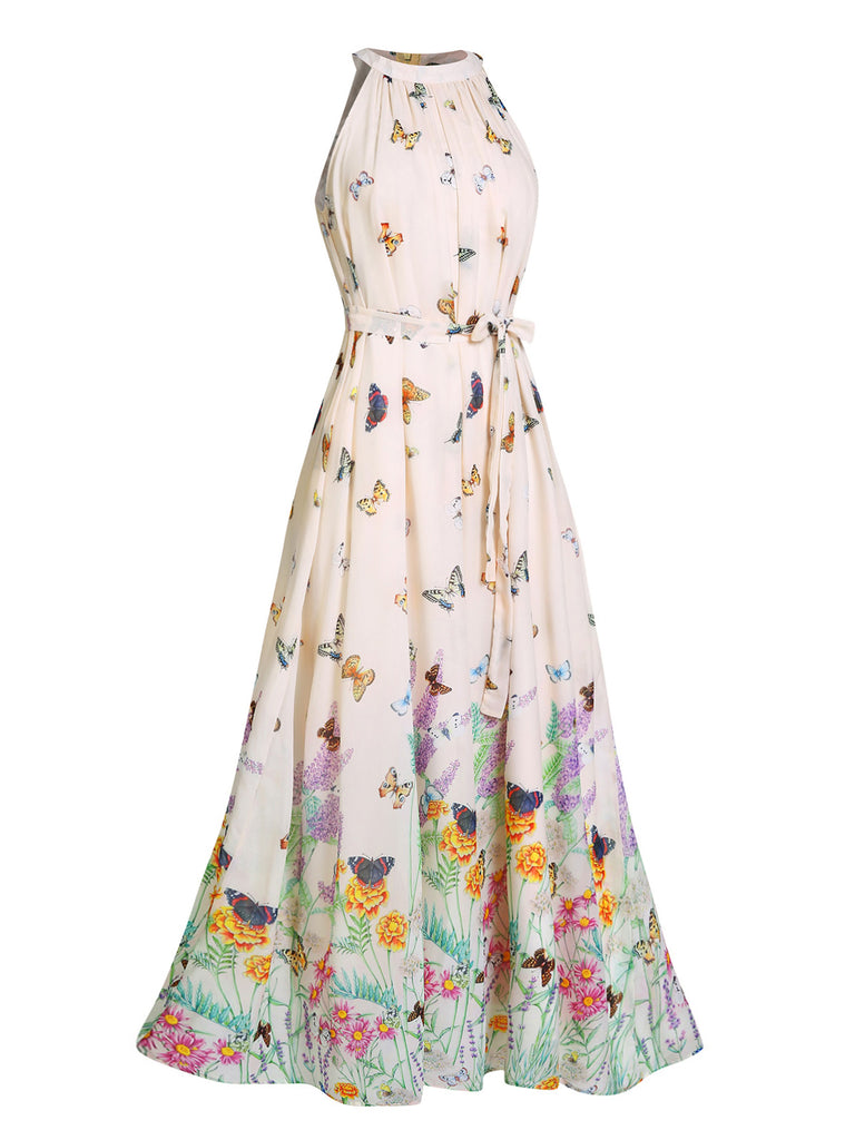 1950s Floral Butterfly Vintage Maxi Dress